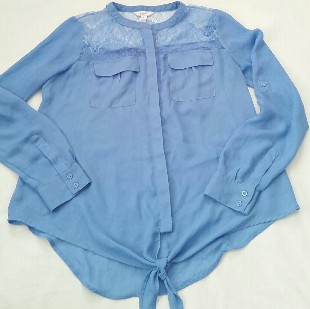 Light Blue Chantilly Lace Button Down Tie Blouse